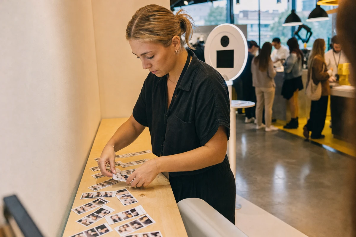 A photo-booth operator sorting a spread of freshly printed photo strips on a counter beside a retail activation area.