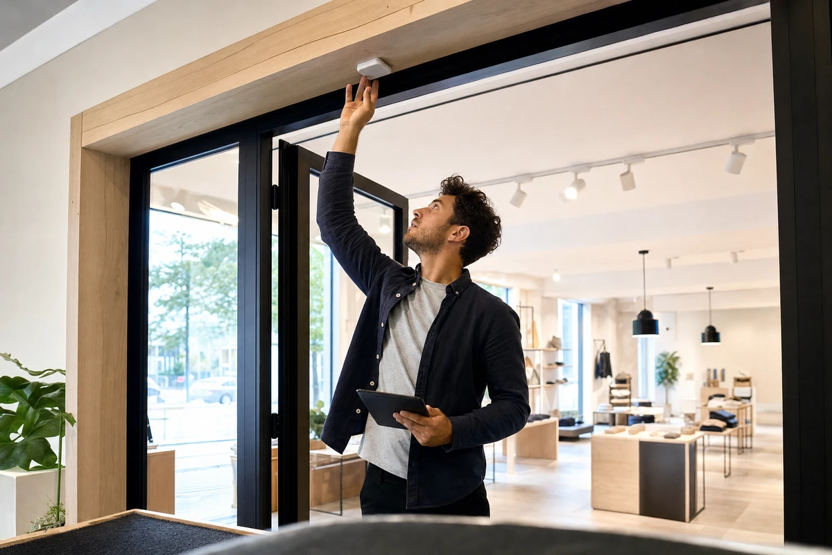 A venue manager inspecting a small discreet ceiling-mounted people-counter sensor above the entrance of a quiet retail store before opening.