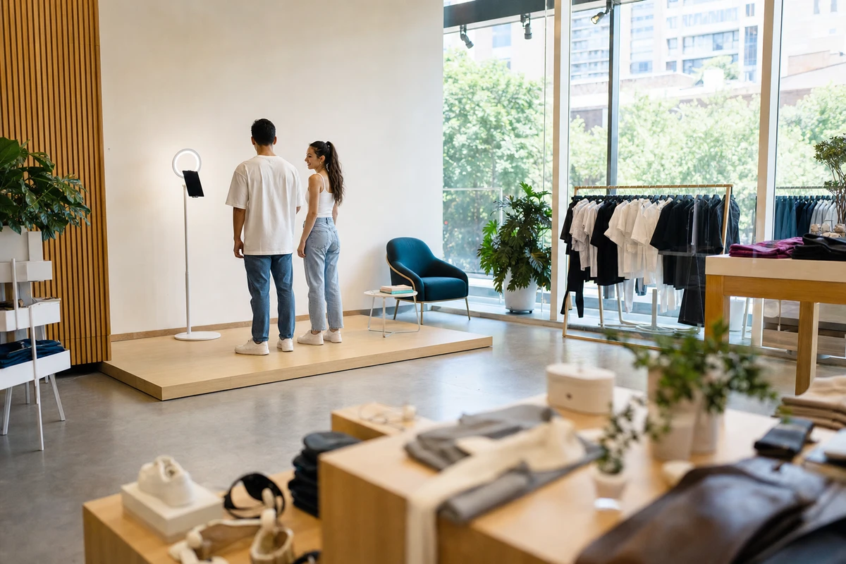 A wide view of a retail floor with a dedicated photo-booth activation zone set along the perimeter with clear surrounding floor space.