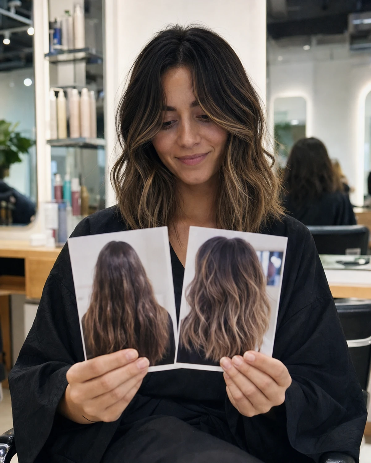 A seated salon client looks at two small printed photos of her hair transformation, a before and an after held side by side.