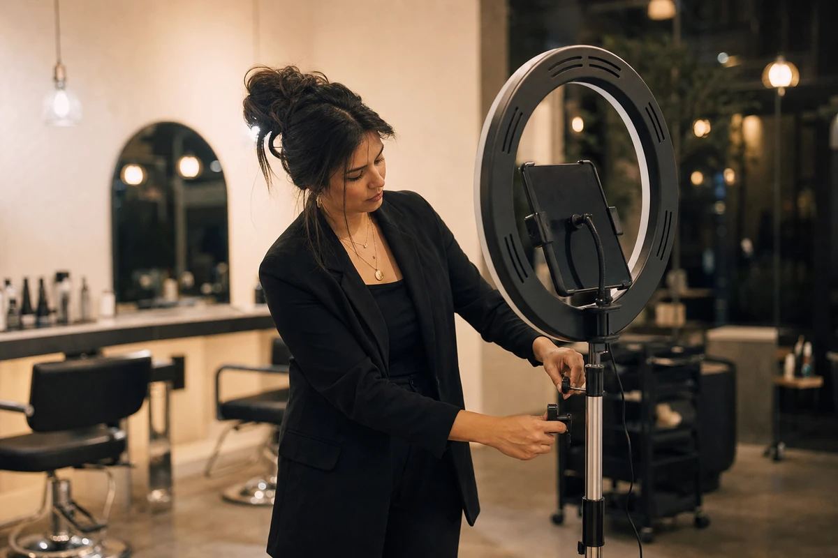 A salon manager adjusts the ring-light capture station between client sessions in the warm low light of a salon near closing time.