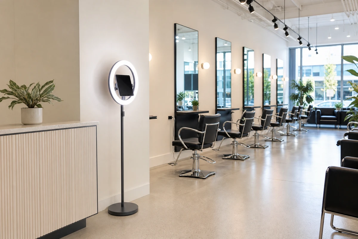 A modern hair salon interior showing a ring-light photo capture station placed near the front reception area with open floor space around it.