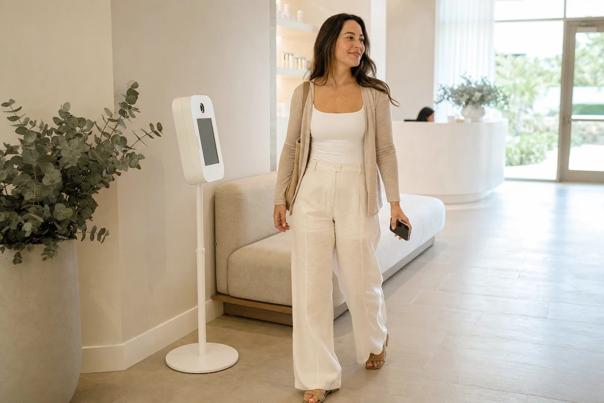 A med spa client with a relaxed post-treatment glow walks out through a calm cream lobby holding her phone, with a compact iPad photo booth standing against the lobby wall behind her.