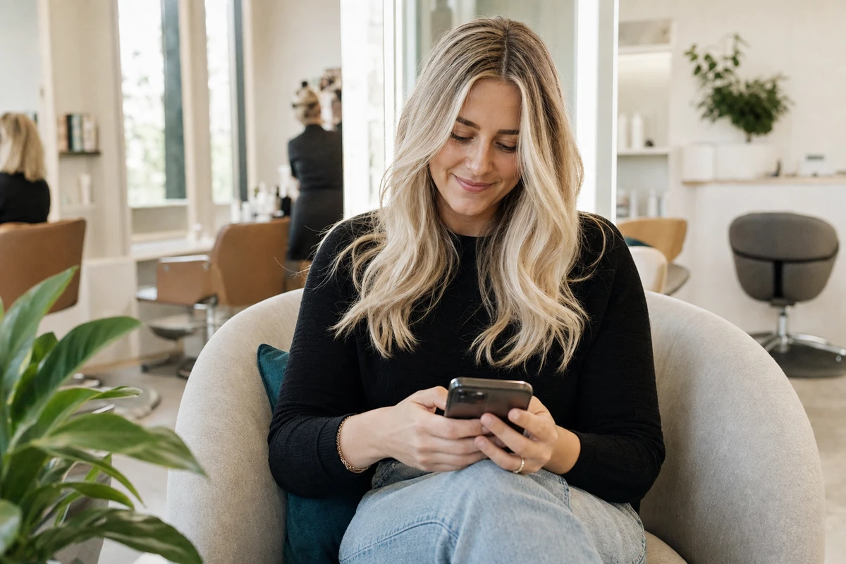 A freshly styled salon client sits in the lounge looking down at her phone with a quiet, pleased smile, having just received her reveal photo.