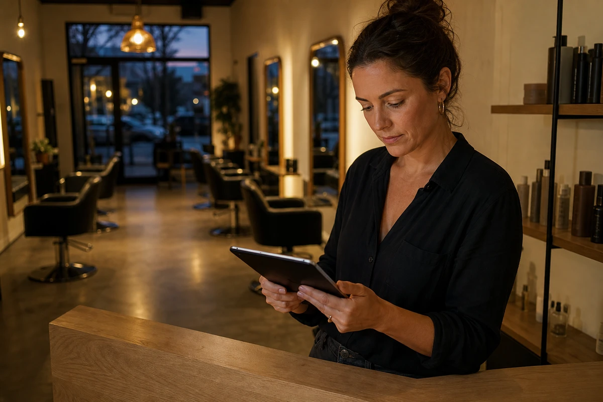 A salon owner stands at the reception counter at the end of the day, thoughtfully reviewing a tablet in the quiet, emptied salon.