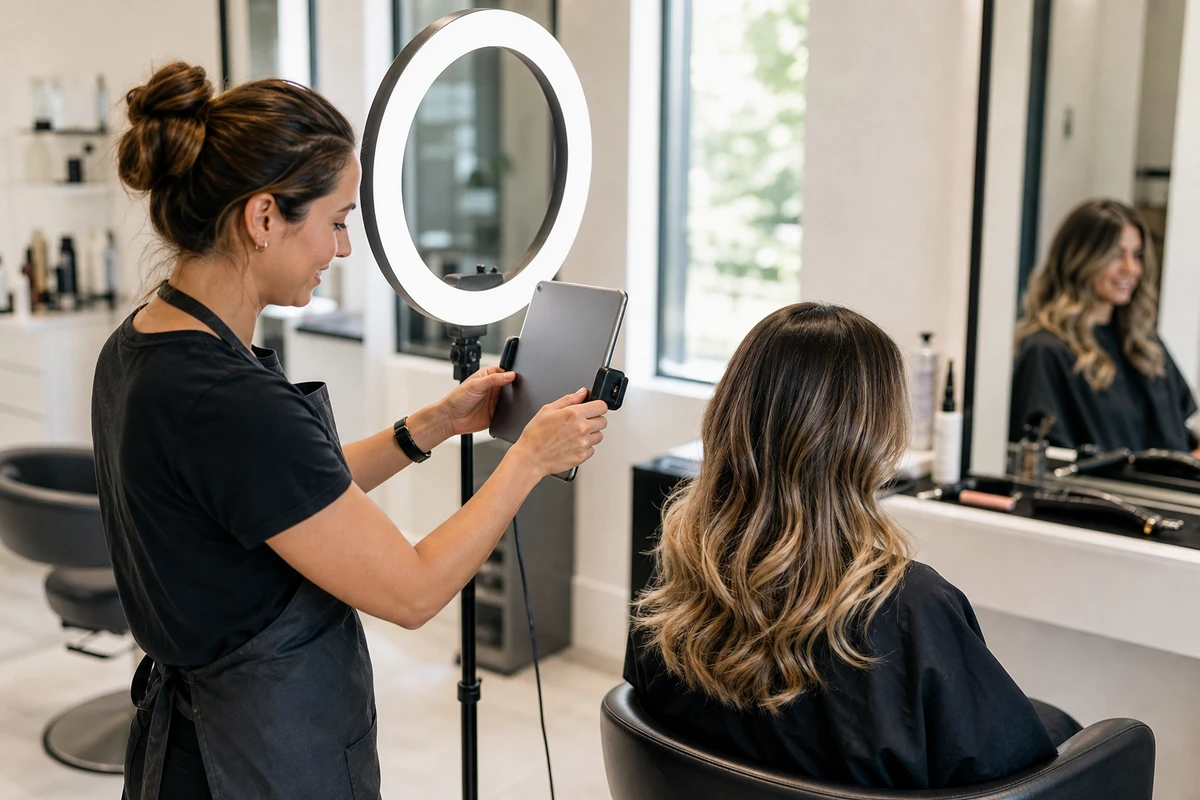 A salon assistant uses a tablet on a ring-light stand to photograph the back of a seated client's freshly styled hair.