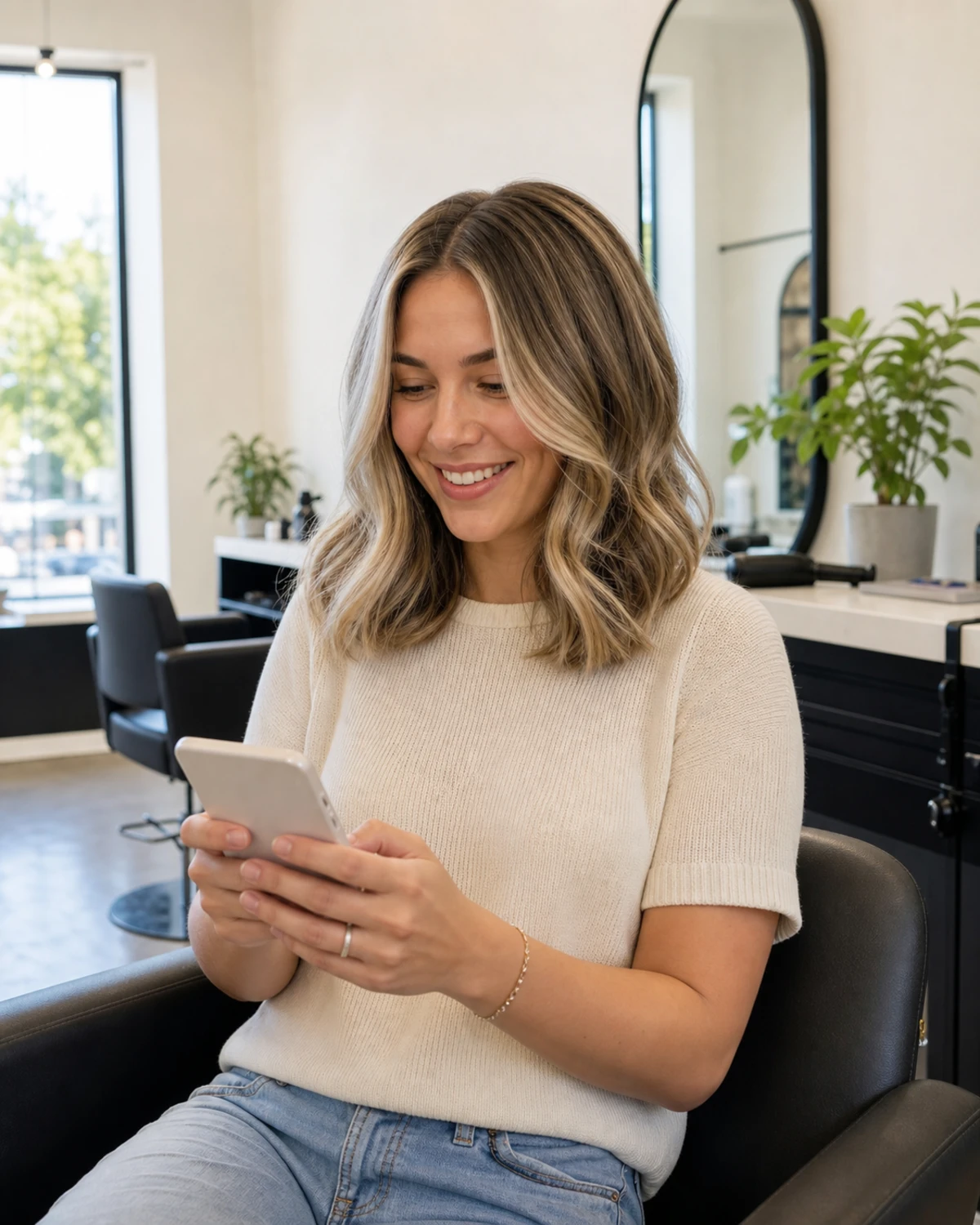 A salon client, still seated in the styling chair, looks happily at her phone after receiving the finished photo of her new hair.
