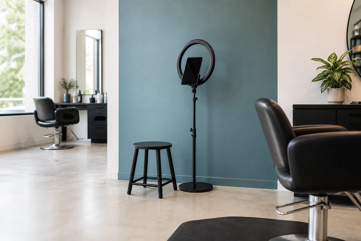 A tablet on an upright ring-light stand set up as a dedicated photo-capture corner against a clean accent wall in a bright modern salon.