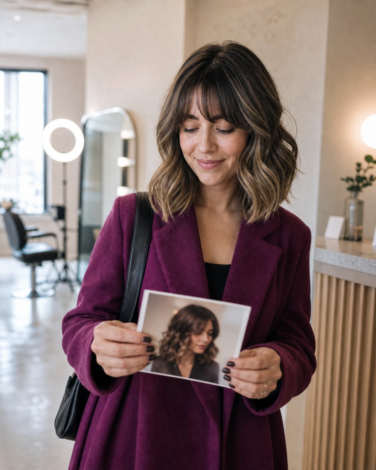 A salon client near reception holding a printed photo of her finished hairstyle before leaving.