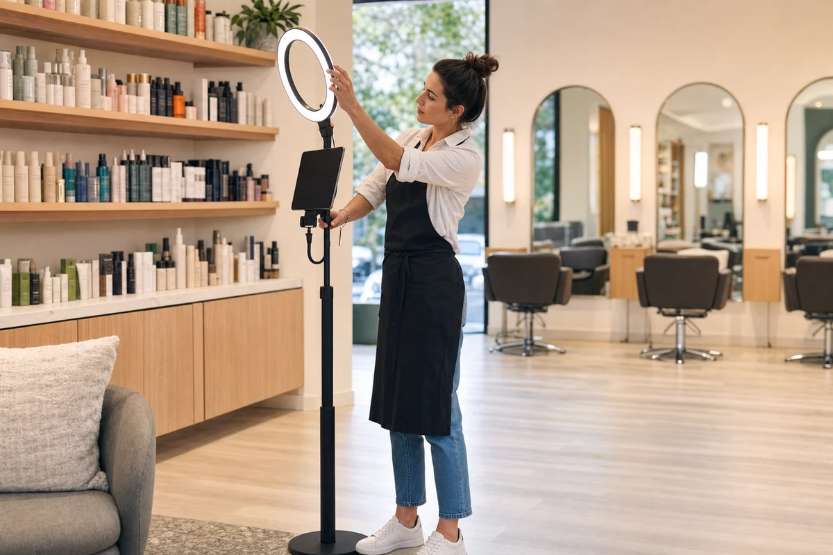 A salon manager adjusting the ring light on a photo-booth stand between clients.