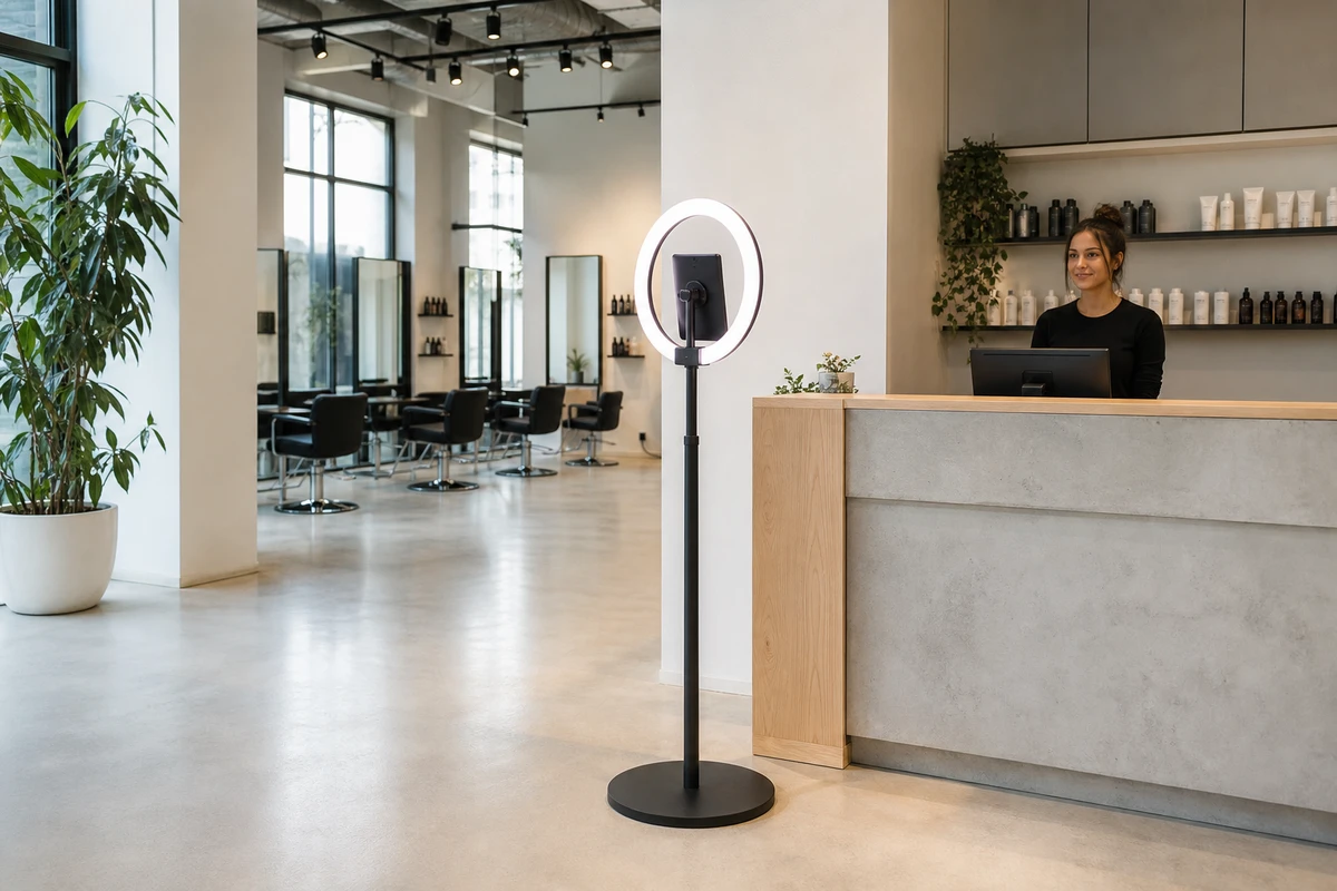 A photo-booth stand positioned in the open corner beside a salon's reception and checkout counter.