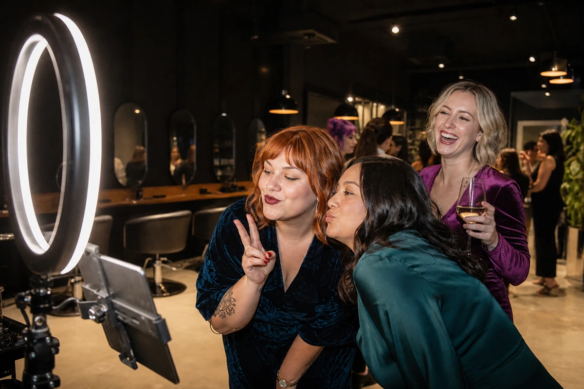 Salon clients gathered at a photo booth during an after-hours color-education event evening.