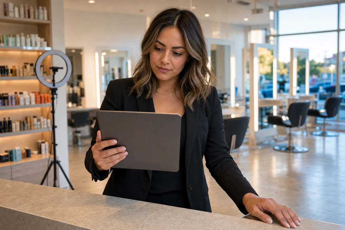 A salon owner at the reception counter reviewing booking results on a tablet at the end of the day.