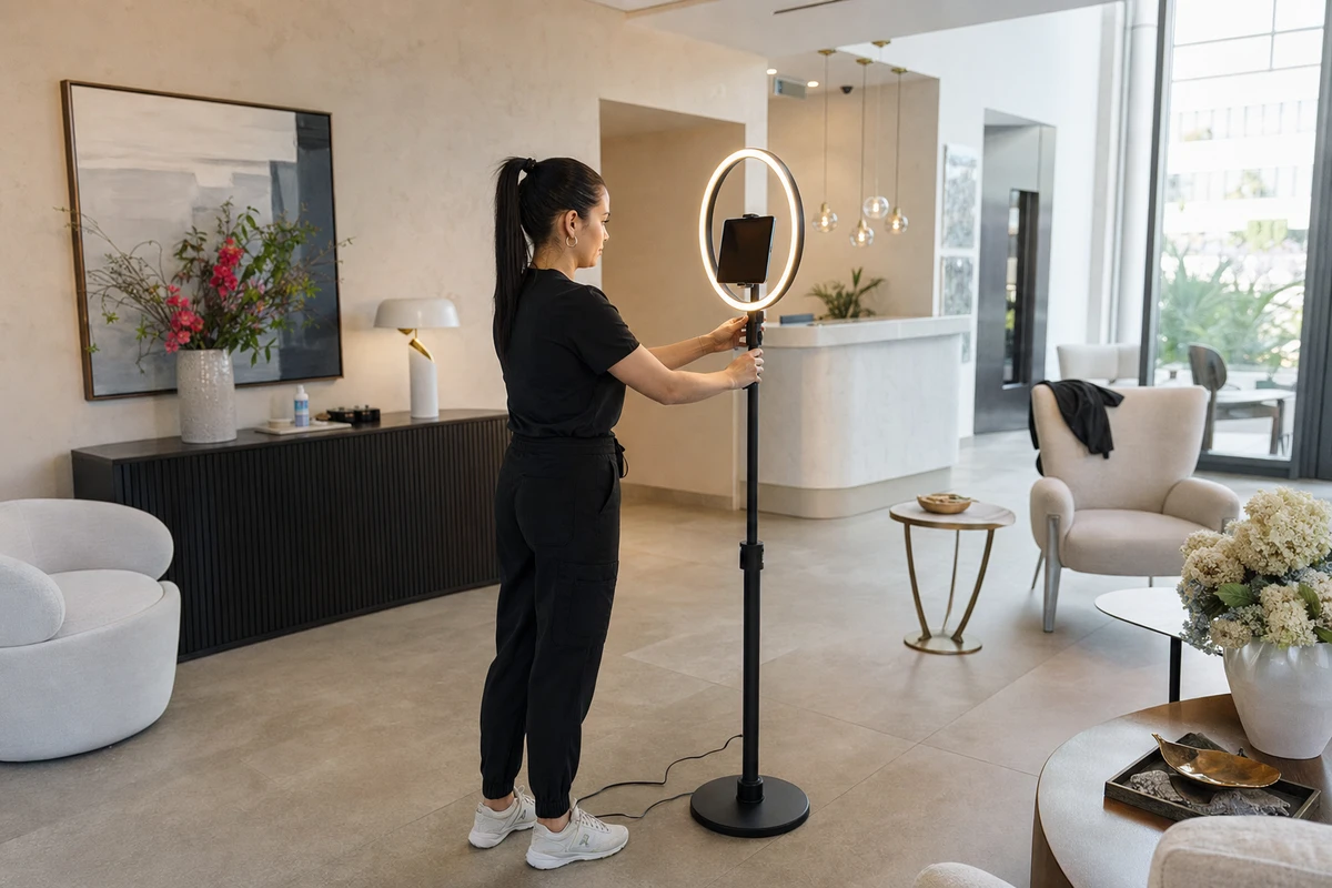A photo-booth operator leveling the iPad on a ring-light stand in a quiet med spa lounge while the room is set up before an evening VIP client night.