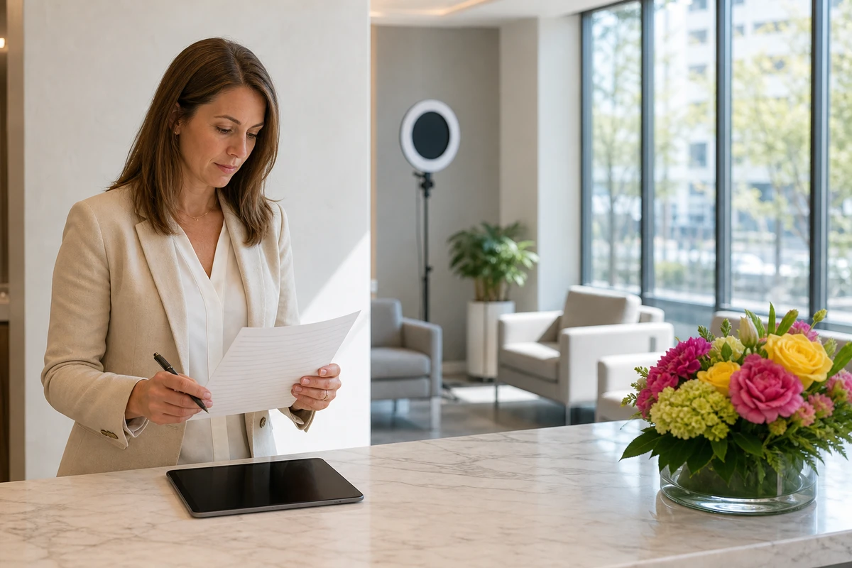 A med spa practice manager reviewing the night's results in a notebook at the reception desk the morning after a VIP client night, the photo station powered down behind her.