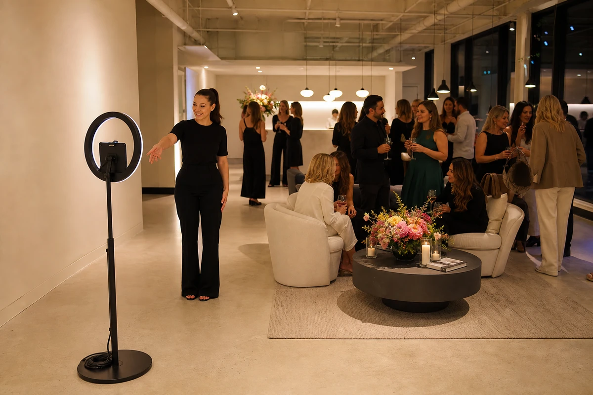 A self-serve iPad photo station on a ring-light stand against the entry wall of a med spa lounge during a VIP client night, with open floor space and guests mingling beyond.