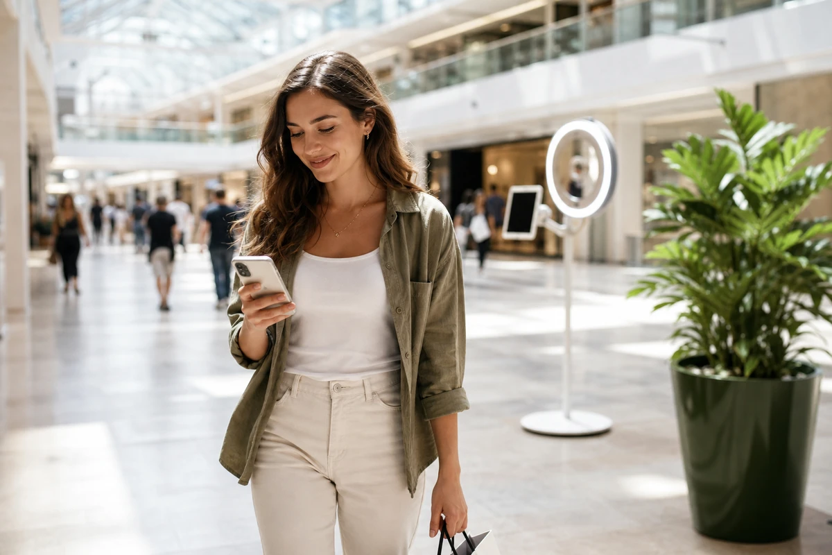 A young mall shopper walks through a sunlit concourse looking at her phone after a photo booth session, the open-air booth blurred behind her.