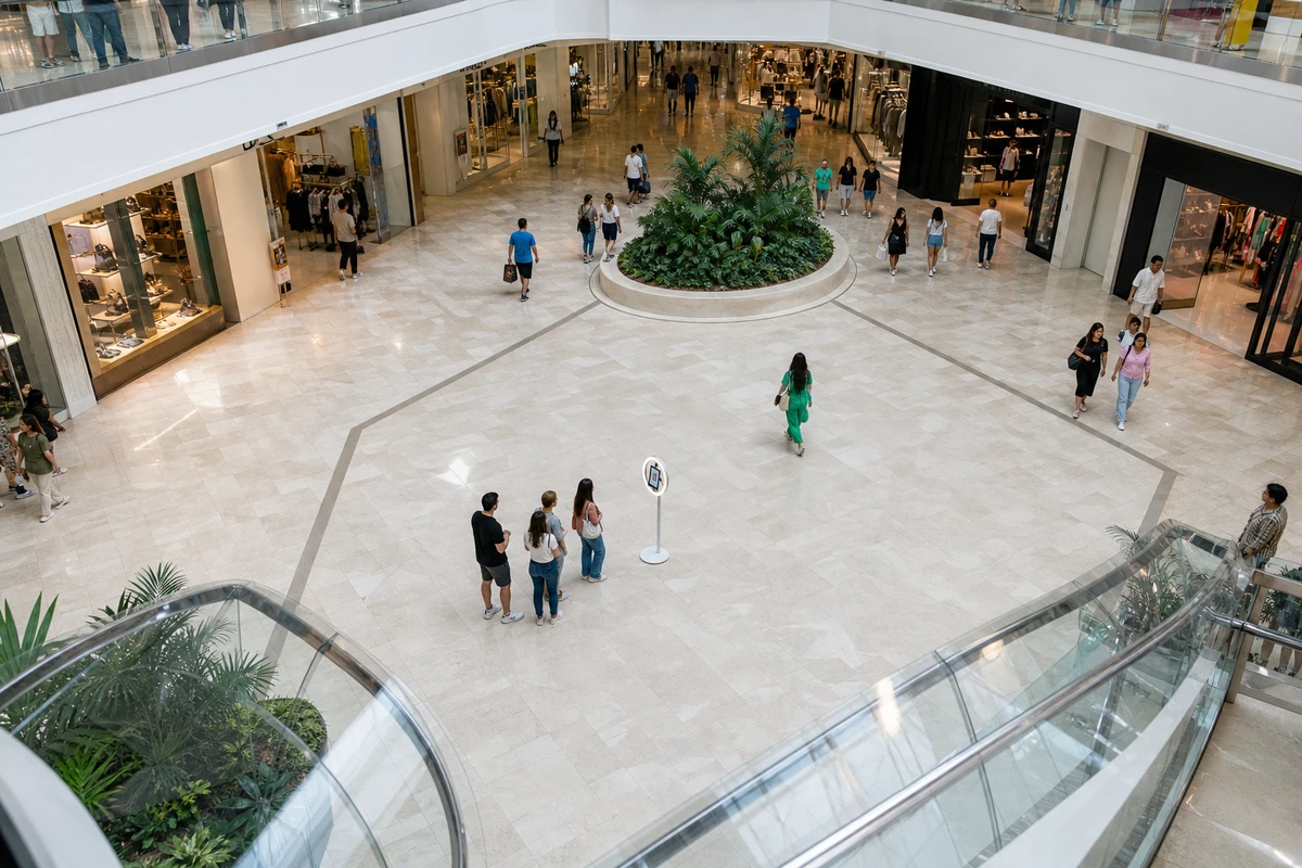 Overhead view of a shopping mall center court showing an open-air photo booth with clear floor space and a short queue, set among walkways and storefronts.