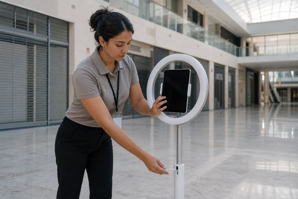 A mall operations staffer resets an open-air photo booth in a quiet, empty mall concourse before opening hours.