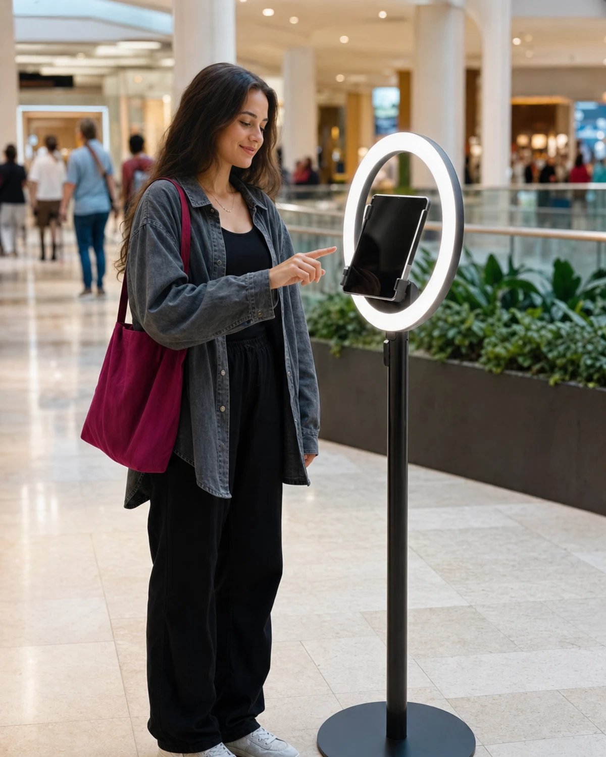 A single shopper steps up to operate an open-air iPad photo booth with a ring light, alone and unassisted, in a shopping mall common area.