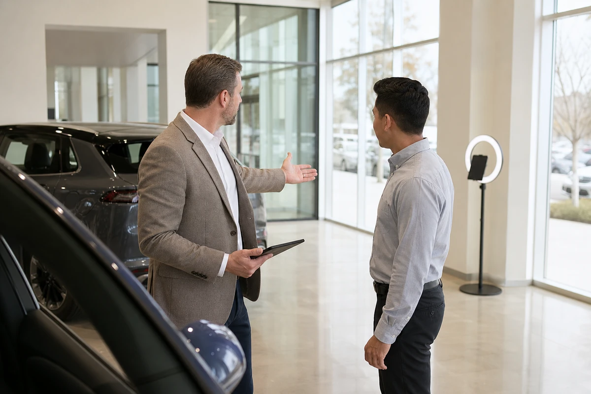 A dealership sales manager and a salesperson review performance near a floor-level photo booth on a car dealership showroom floor.