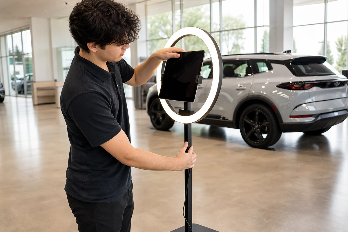 A photo-booth operator resets an iPad ring-light booth between sessions on the floor of a car dealership showroom.