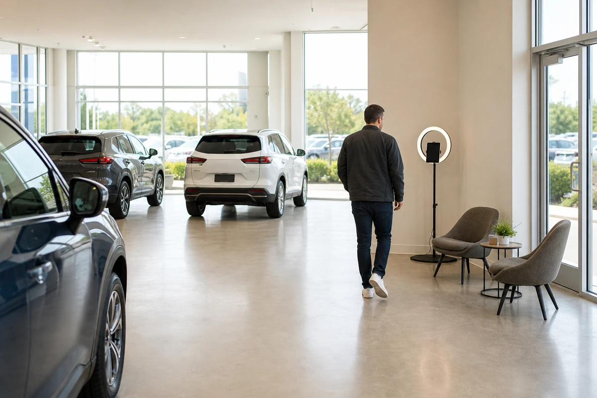 A floor-level iPad ring-light photo booth set up in an open lounge corner of a daylit car dealership showroom, with vehicles nearby and clear floor space around it.