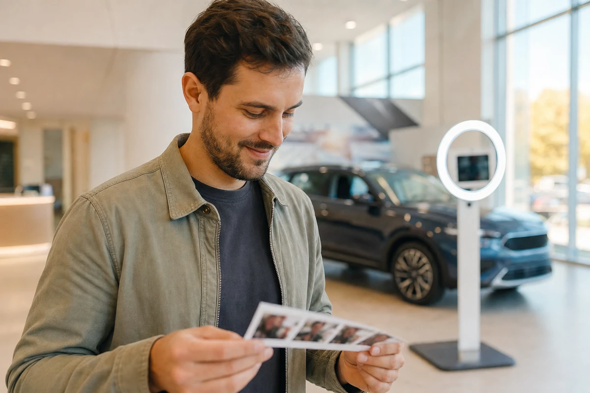 A car dealership visitor smiles while looking at a freshly printed photo strip after a showroom photo session, the booth and an SUV softly behind him.