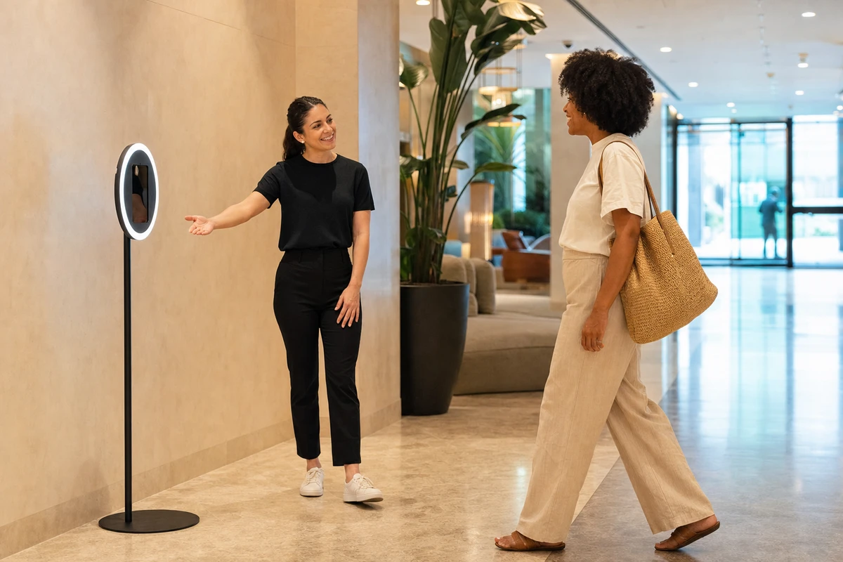 A brand ambassador in a hotel lobby gestures toward a photo booth, inviting a relaxed guest who steps toward it.