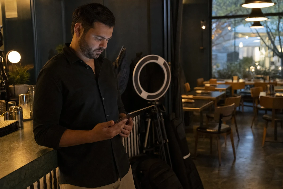 A venue manager stands at a counter after an activation, looking thoughtfully at a tablet held at a steep angle, with the photo booth half packed down behind.