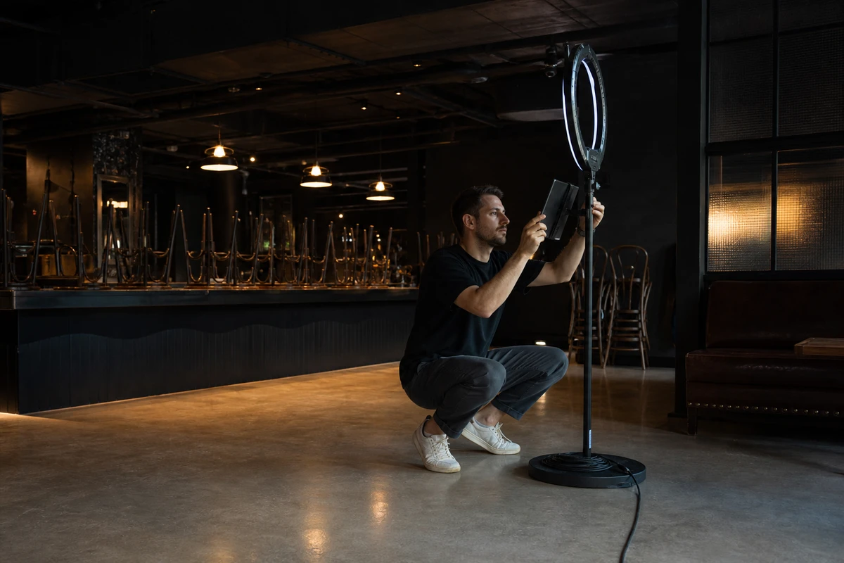 A photo-booth operator crouches beside a ring-light stand in an empty bar lounge before opening, adjusting the iPad's angle.