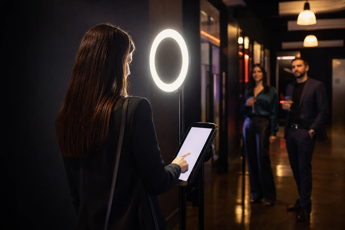 A guest at an evening venue activation touches the photo booth's delivery screen to enter their contact details.