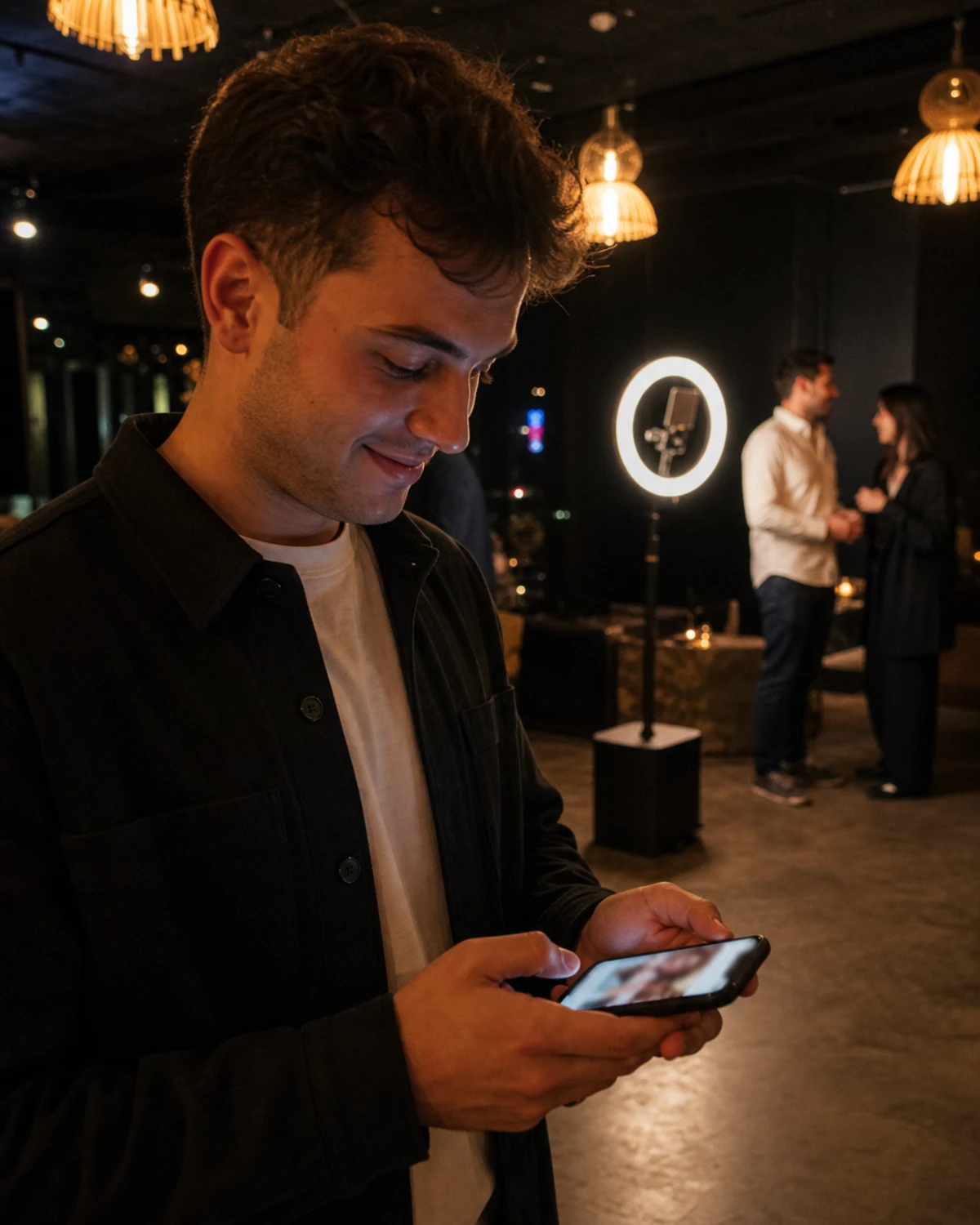 A guest at an evening activation looks at the photo they just received on their own phone, standing a few feet from the photo booth.