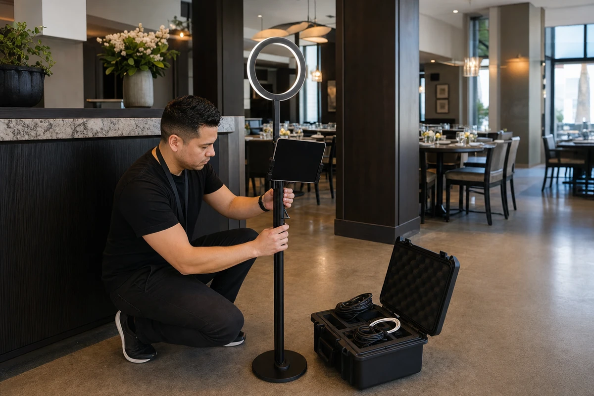 A photo-booth operator kneels to check the iPad and ring-light stand of a photo booth set up near a restaurant host stand before service.