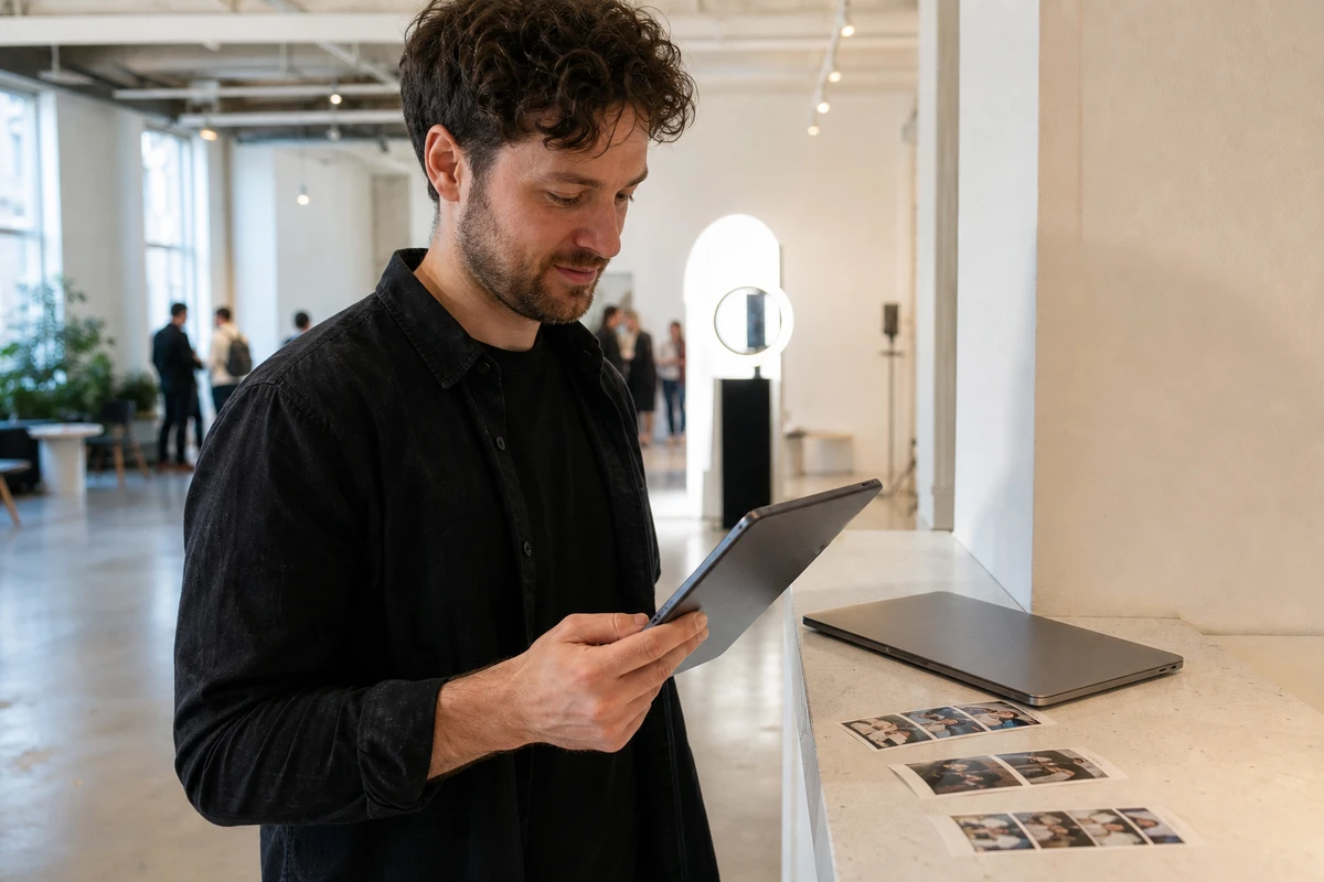A photo-booth operator reviews session results on a tablet at a side counter after an event, with printed photo strips beside them.