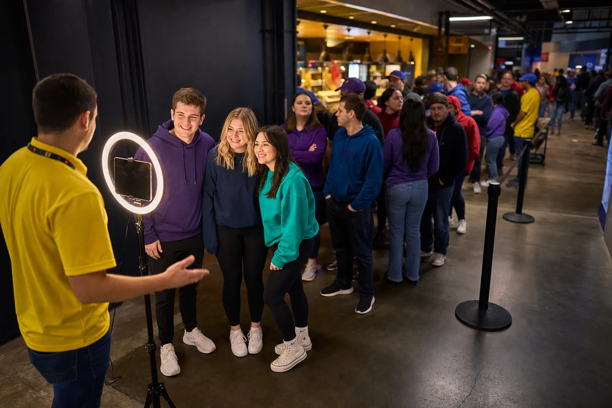 A line of fans waiting their turn at an open-air tablet photo booth on a stadium concourse.