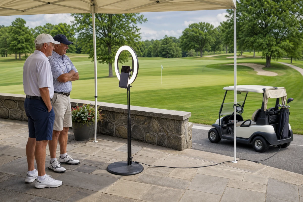 An open-air tablet photo booth set up under a canopy at an outdoor golf club member event.