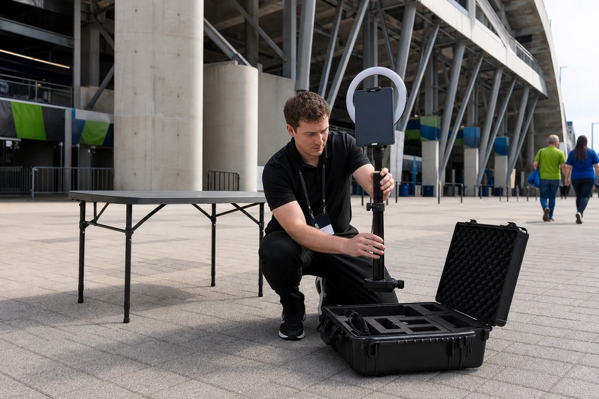 An event staffer assembling a portable open-air tablet photo booth from a travel case at a pre-game plaza.