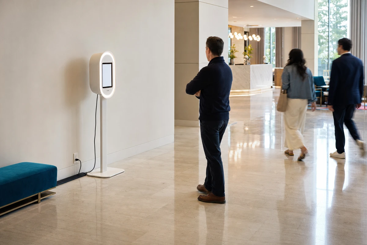 A self-serve photo booth placed against a hotel lobby wall with clear floor space and a tucked cable run, while a venue manager assesses the placement.