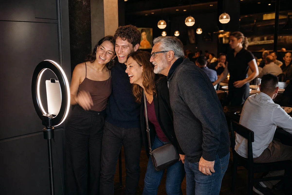 A candid group of restaurant walk-in patrons using a self-serve photo booth with no operator present.