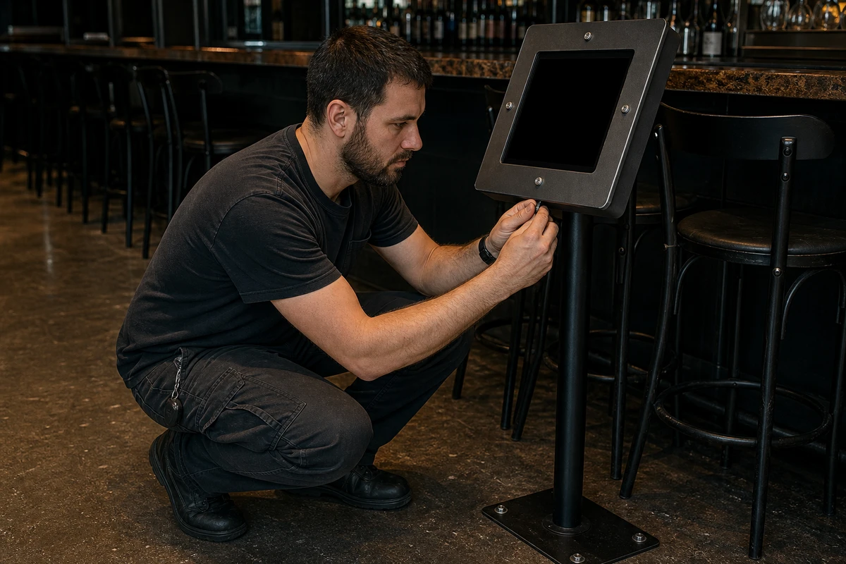 A venue manager checking the metal locking enclosure and bolted floor mount that secure a self-serve photo booth's tablet.