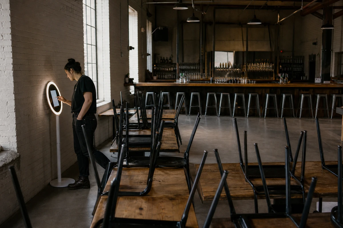 A venue staffer doing a shift-start check of a self-serve photo booth in an empty taproom before opening.