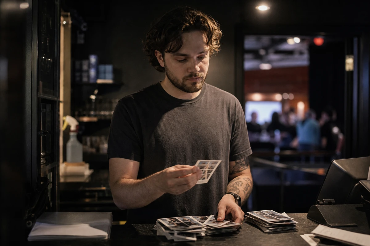 A venue manager at a back-of-house counter sorting printed photo strips into approved and held piles before they go public.