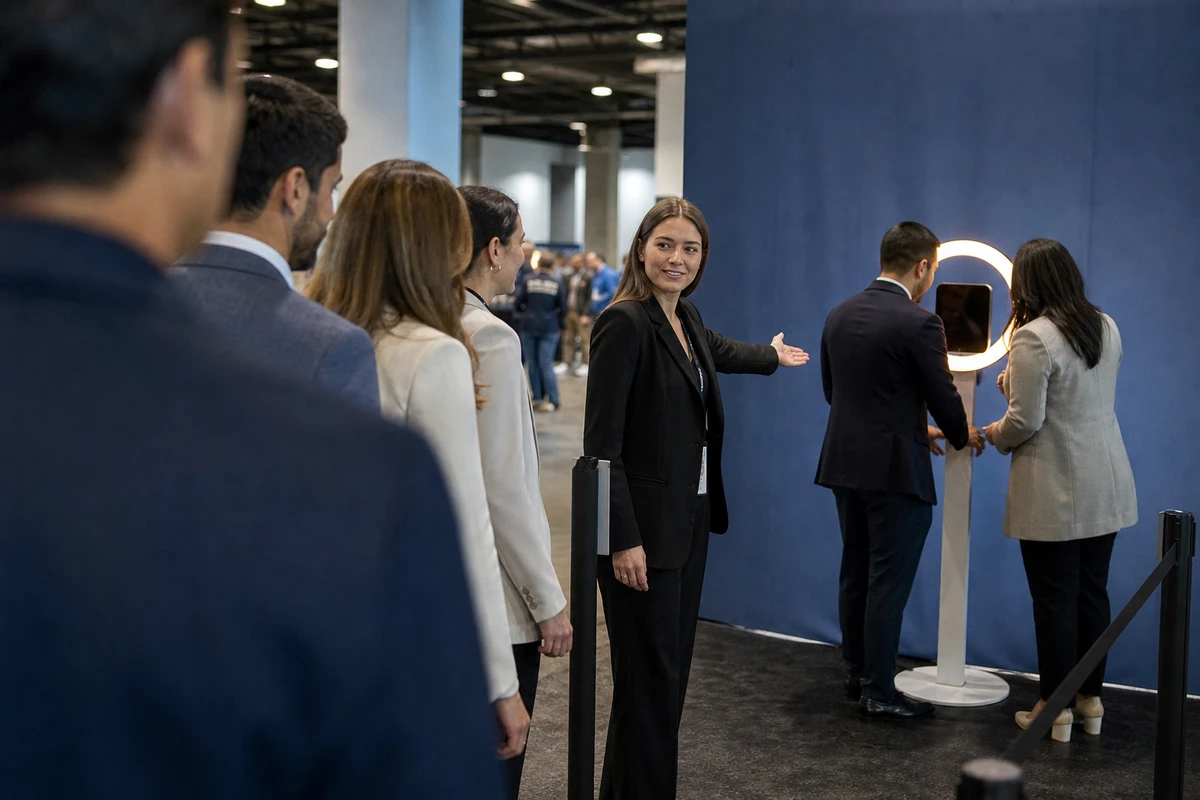 A brand ambassador directs a queue of conference attendees toward an iPad photo booth at a corporate activation.