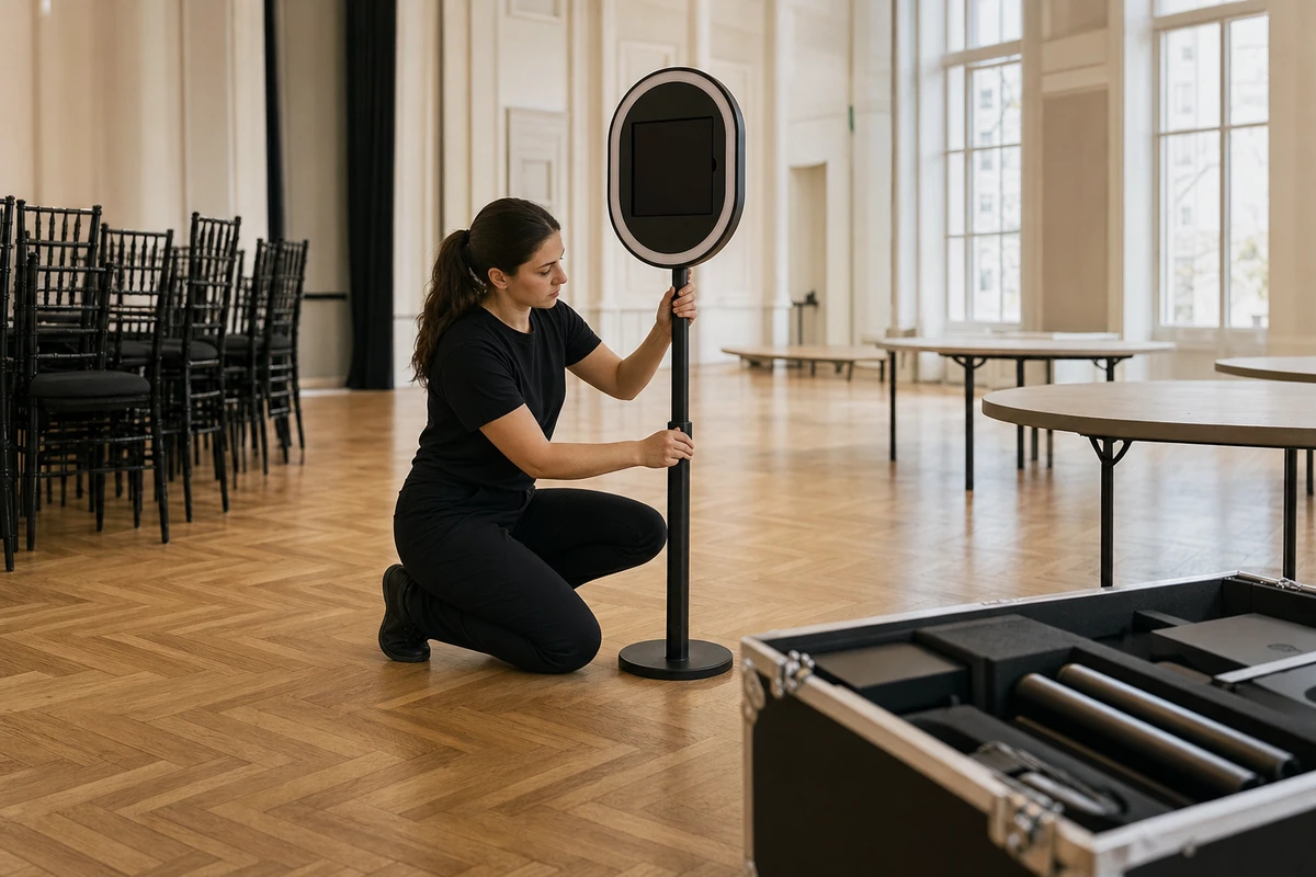 A photo-booth operator kneels to set up and level an iPad booth in an empty event room before guests arrive.