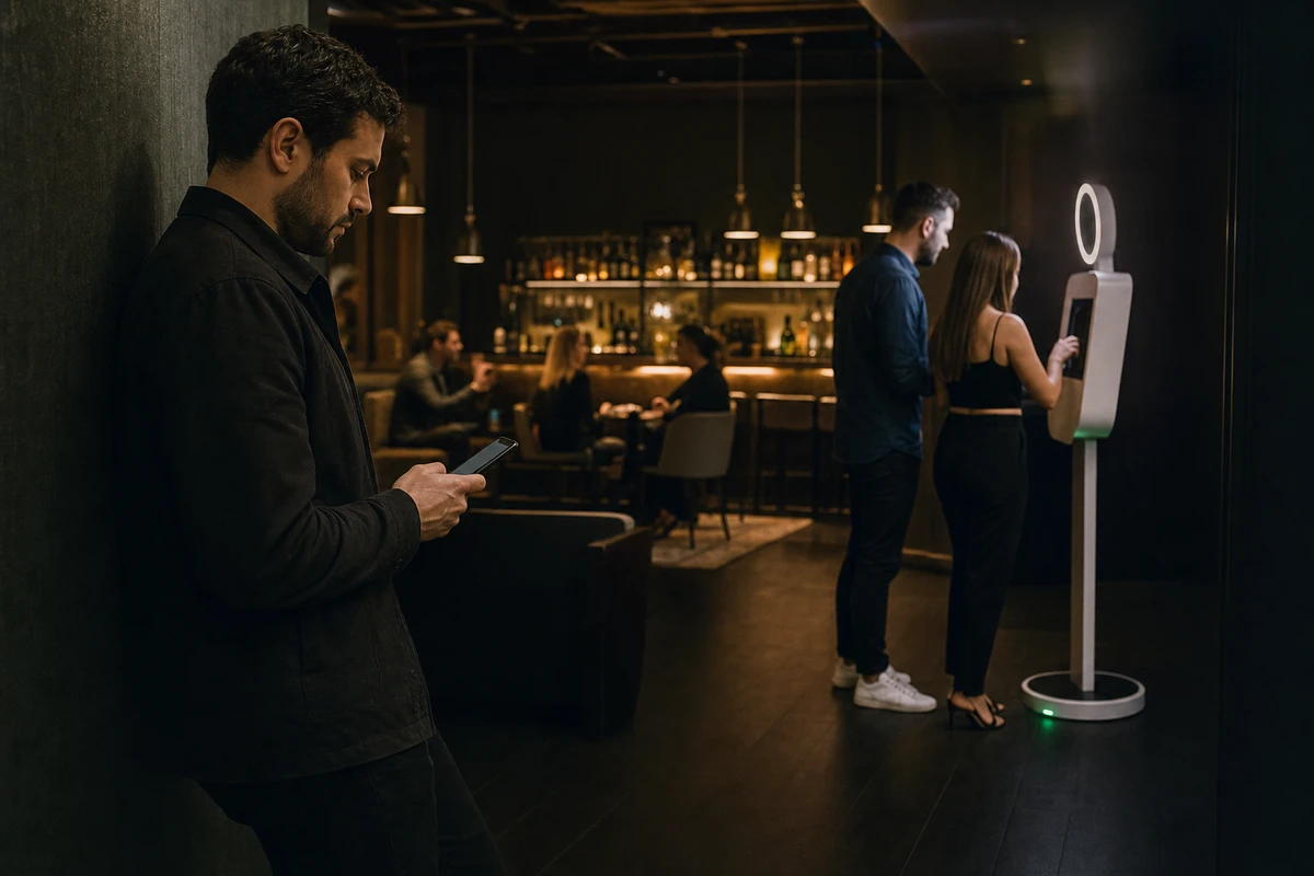 A photo-booth operator stands back and checks his phone while a self-serve iPad booth runs on its own across a hotel bar lounge.