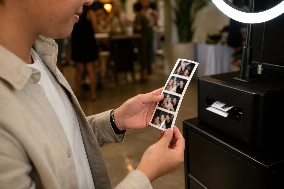 A guest holds a freshly printed photo strip in both hands beside the venue photo booth's printer.