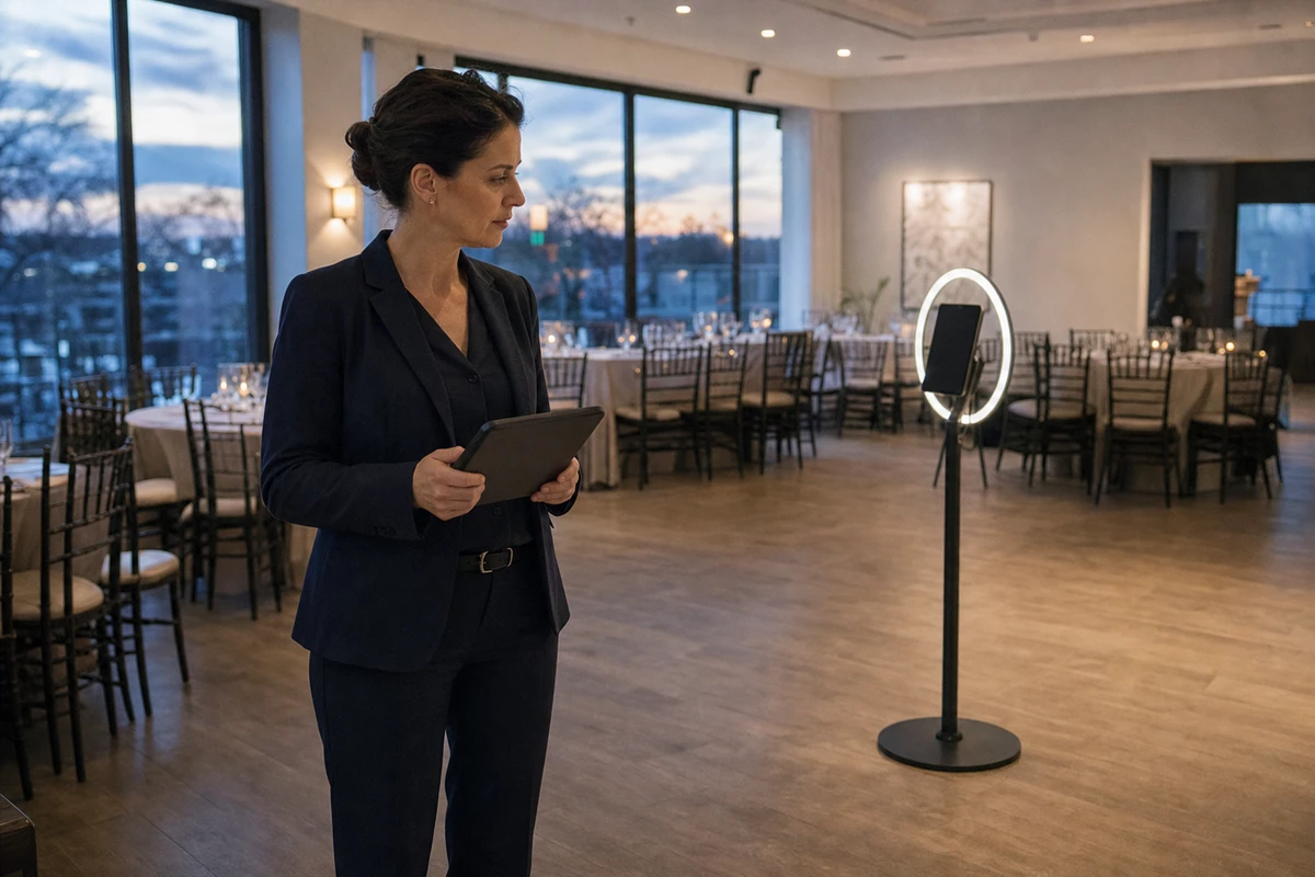 A venue manager stands a few steps from the in-house photo booth, tablet in hand, assessing its performance in a quiet event room.