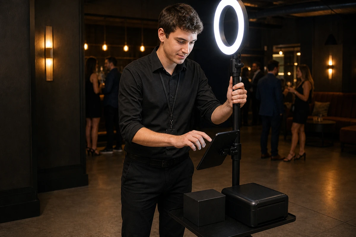 A venue staff member levels the ring-light stand and wakes the screen during a quick reset of the in-house photo booth.