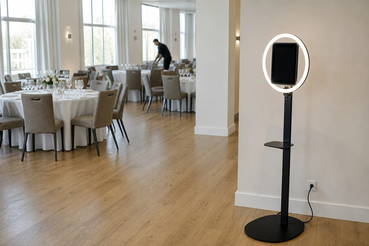 An in-house photo booth installed as a permanent fixture against the wall of a venue's daylight event room.